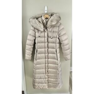 Tahari Long Puffer Coat Faux Fur Hood Champagne Women's Sz M
